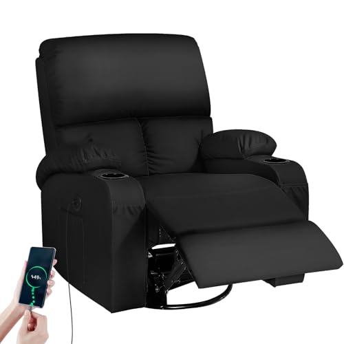 Schaukelstuhl mit Relaxfunktion, Massagesessel mit Vibration und Wärme, USB- und Type-C-Anschlüsse, 360° drehbare Kunstledersessel, Wohnzimmer, Schlafzimmer, Kinderzimmer, Wohnmobil, Schwarz