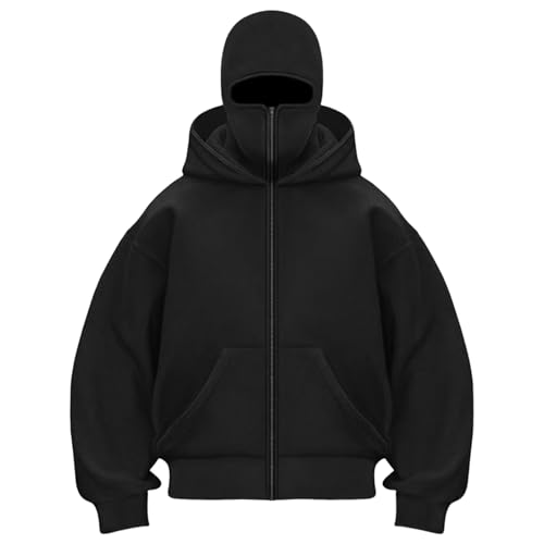 Balaclava Zip Hoodie Herren mit Sturmhaube Oversized Jacke mit Doppel Kapuze Y2K Hoodie mit Fleece Winddichte Übergangsjacke Winter Motor Fahrrad Mask Jacke 2025