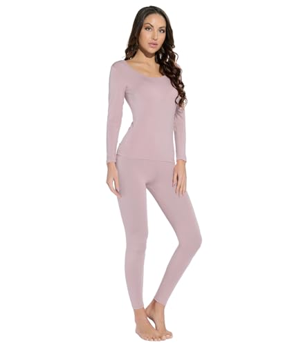 Mcilia Damen Ultradünnes Thermo-Unterwäsche Oberteil & Unterteil-Set aus Modal mit Rundhalsausschnitt Haut Rosa Medium (EU 40 42)
