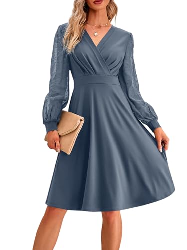 MAYFASEY Langärmeliges Damenkleid, V-Ausschnitt, A-Linie, hohe Taille, Midi-Kleid, lässig, locker, schwingend, knielanges Kleid, XL