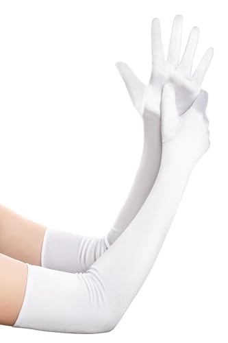 BABEYOND Damen Handschuhe Satin Classic Opera Fest Party Audrey Hepburn Handschuhe 1920er Stil Handschuhe Elastisch Erwachsene Größe Ellenbogen bis Handgelenk Länge 52/55cm (Lang Glatt 52cm / Weiß)