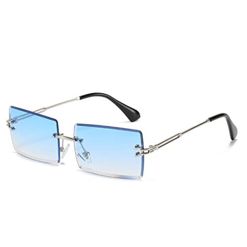 YUELUQU Retro Rahmenlose Sonnenbrille für Damen Herren Mode Retro Rechteck Brille Quadratische durchsichtige Sonnenbrille (A-Silber/blau)