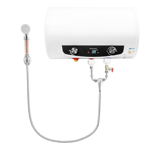 HOARLICN Elektrospeicher Warmwasserspeicher, Elektrischer Tank-Wassererhitzer 220V 2000W Durchlauferhitzer mit Handbrause und Schlauch Horizontal Boiler 25–75 °C für Badezimmer, Friseursalons