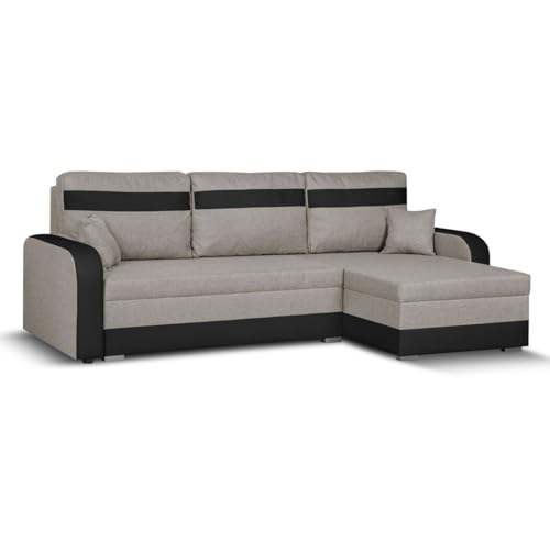 SENTO TRADE Ecksofa mit Schlaffunktion, Bettkasten, L-Form Eckcouch, Schlafsofa, inkl. Hocker, Bonellfederkern, CONDI (beige-schwarz)