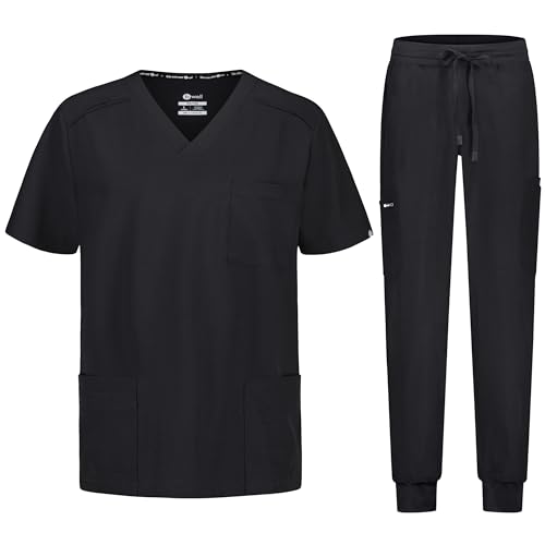 B-well Matteo Herren-Schrubb-Set Schlupfkasack + Jogger Hose Set Medizin Arzt Uniform Medizinische Berufsbekleidung mit Elastan (DE/NL/SE/PL, Alphanumerisch, XL, Regular, Regular, Schwarz)