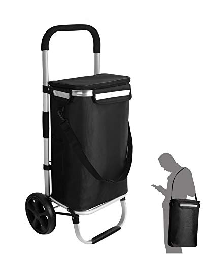 Ribelli Einkaufstrolley mit Kühlfach, Einkaufswagen Klappbar bis 45 kg, Hochwertiger Aluminium Rahmen, Einkaufsroller mit Seitentaschen, Abnehmbare Tasche als Tragetasche Nutzbar, Schwarz