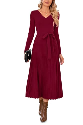 Arach&Cloz Strickkleid Damen Herbst Winterkleid Lang Plissee V-Ausschnitt Langarm Pulloverkleid Elegant Midi Kleider Winter