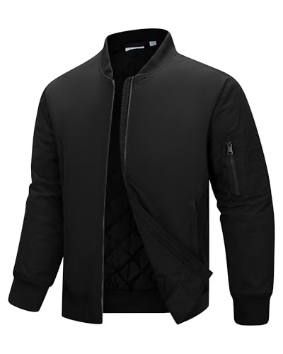 33,000ft Bomberjacke Herren Wasserdichte Winddichte Übergangsjacke Leichte Blousonjacke Fliegerjacke Herbst Winter Jacke mit 4 Taschen Schwarz XL