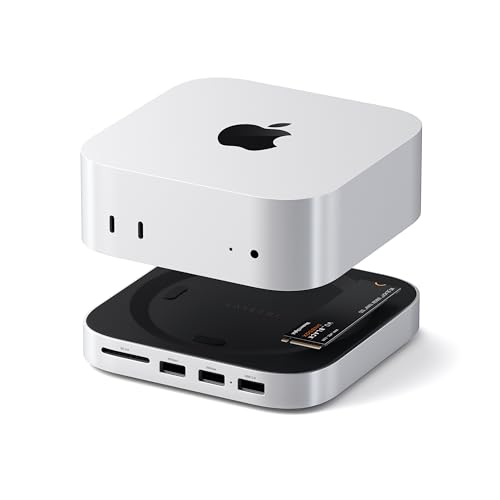 SATECHI Mac mini M4 Hub & Stand mit NVMe SSD Gehäuse, Aluminium Dock mit 2X USB-A bis 10 Gbit/s, 1x USB-A 480 Mbit/s, SD-Kartenleser und optimierter Belüftung für Mac mini M4 & M4 Pro – Silber