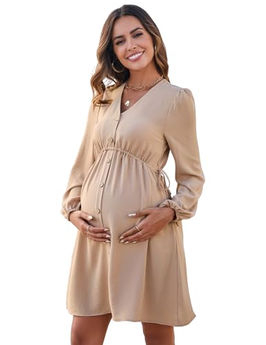 YesFashion Damen Umstandskleid Langarm Stillkleid elegant V-Ausschnit Schwangerschaftskleid mit Knöpfen Khaki-L M
