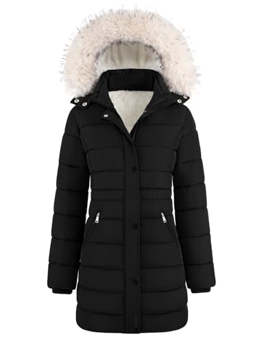 Yuson Girl Wintermantel Damen Lang Warm Gefütterte Winterjacke Dick Stepp Kapuze Parka Frauen Fleece Herbst Mantel Leichte Outdoor Jacket mit Abnehmbarer Kunstpelzkragen (Schwarz, L)