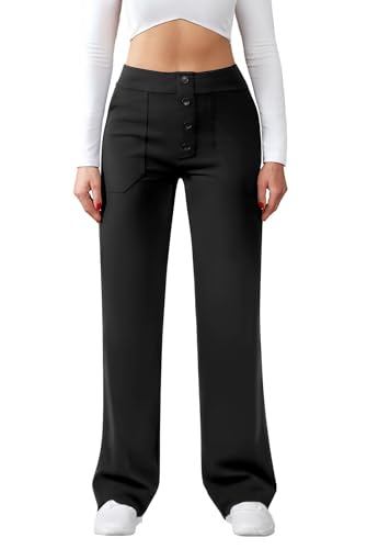 Friptspyg Hose Damen Hohe Taille Weite Hose Knopf Gerades Bein Hose Casual Arbeit Hose Stretch Yogahose mit Taschen, Schwarz M