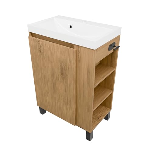 paplinskimoebel - Waschbecken mit Unterschrank SEVA, 57 cm Breite, Waschtisch Stehend oder Hängend, Badmöbel Set für Badezimmer, Waschbeckenunterschrank mit Toilettenpapierhalter - Eiche Lancelot