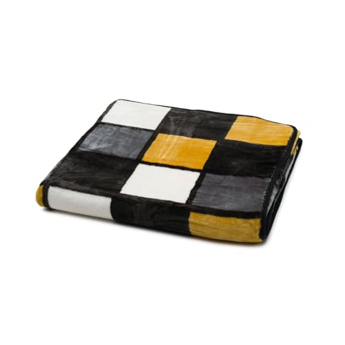 Gözze - Weiche Kuscheldecke, Cashmere Feeling, Hohes Stoffgewicht 500 g/m², Antigua, 150 x 200 cm - Senf/Schwarz/Weiß