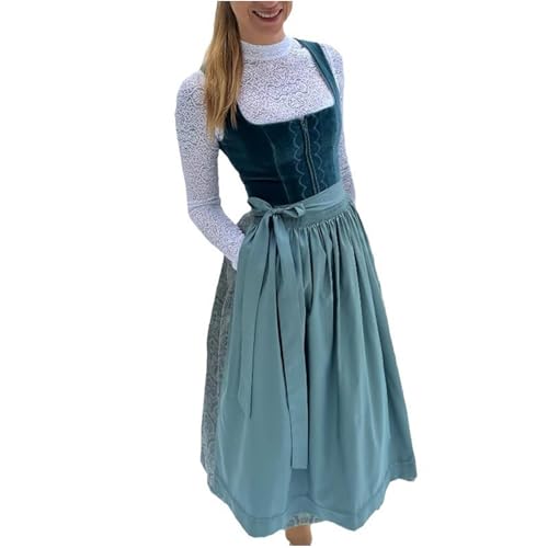 Beichwtd Dirndl Damen Midi Trachtenkleid Oktoberfest Trachtenrock Dirndlbluse Trachtenmode Kleid Komplettsets Lang mit Blusen und Schürze Spitze in Groß Größen Trachtenblusen Dirndlschürzen, Marine M