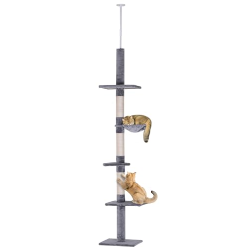 PawHut Kratzbaum Deckenhoch höhenverstellbar, Stabiler Katzenbaum mit Sisalsäulen, Katzen Kletterbaum, Grau, 40 x 34 x 230-260 cm