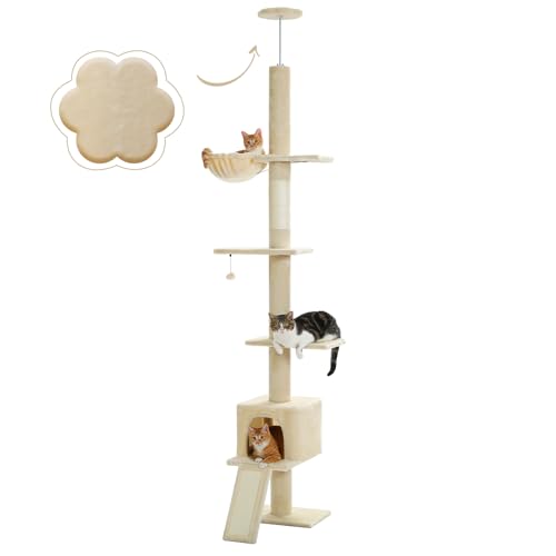 PAWZ Road Kratzbaum deckenhoch, Katzenbaum vom Boden bis zur Decke verstellbar, höhenverstellbar (216-273cm), Katzenturm mit Hängematte und Katzenhöhle, Anti-Sturzgurt Beige