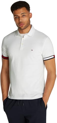 Tommy Hilfiger Herren Poloshirt Kurzarm Flag Cuff Slim Fit, Weiß (White), L