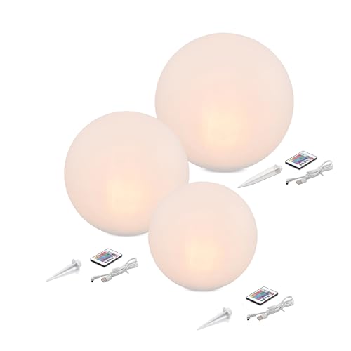 Esotec Solarkugeln Siena, 3er Set, Multicolor, 20+30+40cm, Fernbedienung, USB, 16 Leuchtfarben, Akku, Solarmodul, Erdspieß, Solarleuchte, Kugelleuchte, außen, Winterfest, wetterfest, 102895