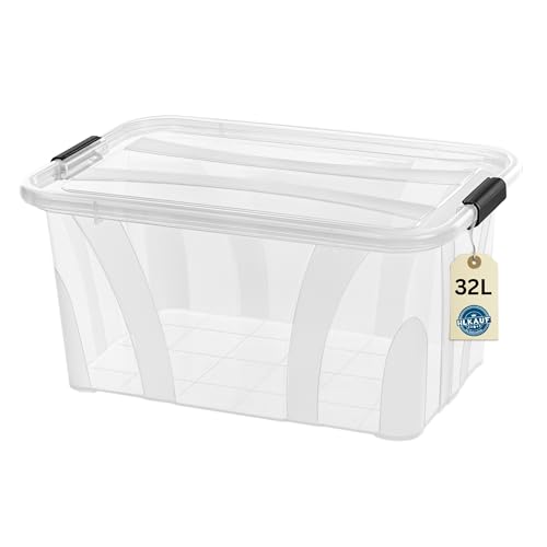 Aufbewahrungsboxen mit Deckel, 7L 14L 21L 32L 55L 80L Plastik Boxen Klickverschluss Stapelboxen 1er/3er Sets Lebensmittelecht Transparent Haushalt & HLKauf-Block (1er 32-Liter & 1x HLKauf-Block)