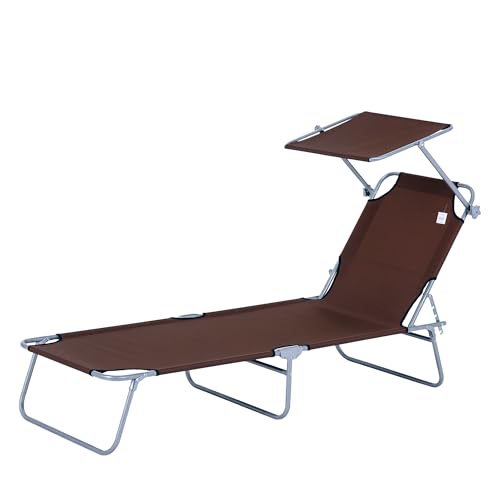 Outsunny Sonnenliege klappbar Gartenliege mit Dach, Liegestuhl mit 4-Fach verstellbare Rückenlehne, wetterfeste Campingliege bis 120 kg belastbar, für Garten Strand Pool, Braun