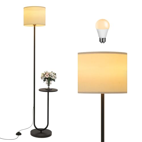 Fullwatt Stehlampe Wohnzimmer, Stehlampe mit Tisch, Stehleuchte mit Lampenschirm und Fußschalter, Leselampe mit Glühbirnen, für Schlafzimmer, Büro, Höhe,165cm, Schwarz (Schwarz)