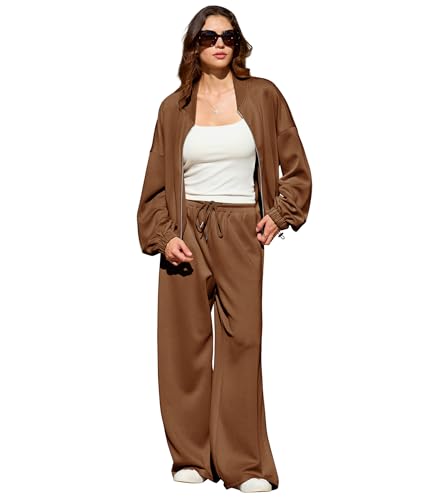 MARZXIN Trainingsanzug Damen lang Herbst Outfits 2-teiliges Set für Damen Reißverschluss Sweatshirt und Jogginghose Set Braun M