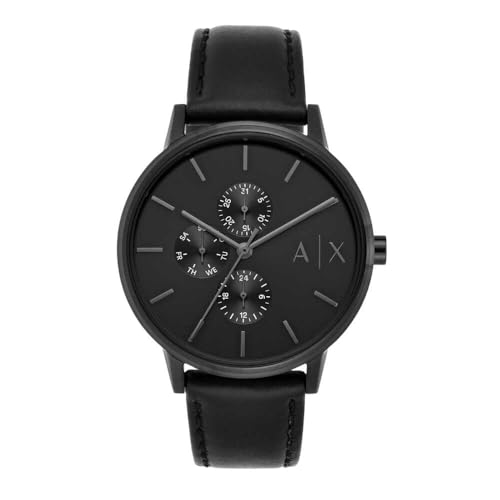 Armani Exchange Uhr für Herren , QuarzMultifunktionswerk, 42mm Schwarzes Edelstahlgehäuse mit Lederarmband, AX2719