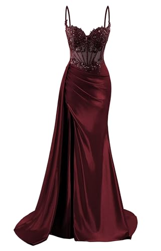 HPPEE Damen Spaghettiträger Satin Ballkleider mit Schlitz Spitze Applique Meerjungfrau formelle Partykleid, burgunderfarben, 42