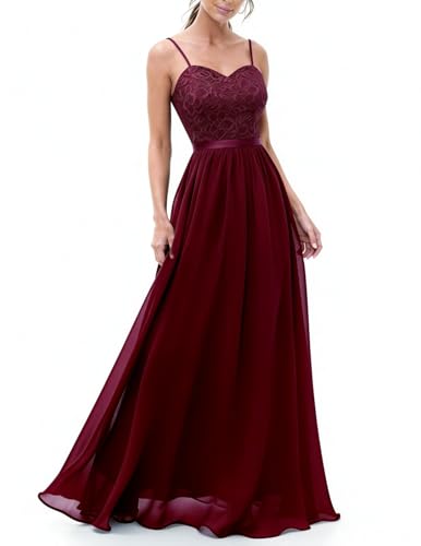 DRESSTELLS Abendkleider Damen Lang Festlich Kleider für Hochzeit Ballkleid Bodenlang Brautkleid Elegant Sommerkleider mit Träger Hochzeitsgastkleider Burgundy M