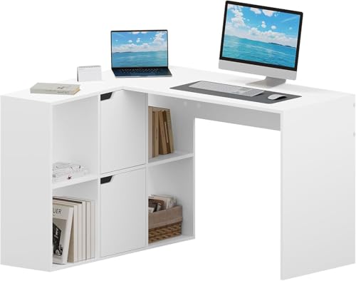 eSituro Schreibtisch L-Form, Eckschreibtisch mit Regalen, Weiß, 120x100x75 cm, Computertisch Bürotisch PC Tisch mit Ablagen, für Arbeitszimmer Wohnzimmer Schlafzimmer