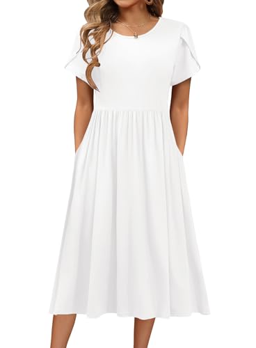 Hotouch Damen Kleider Kurzarm Sommerkleid Rundhals Strandkleid Elegant Hohe Taille Kleid Sommer Swing Business Tunikakleid Weiß M