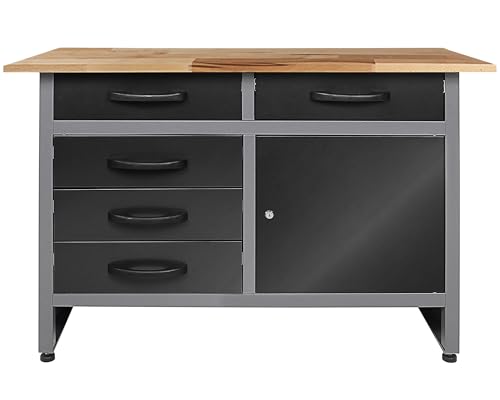 Ondis24 Werkbank Metall mit Schubladen, Schubladen & Türen, Werkstatt Metall 120 cm, Werktisch 120cm, Montagewerkbank, 28mm Buchenholzarbeitsplatte (120 cm und 5 Schubladen)