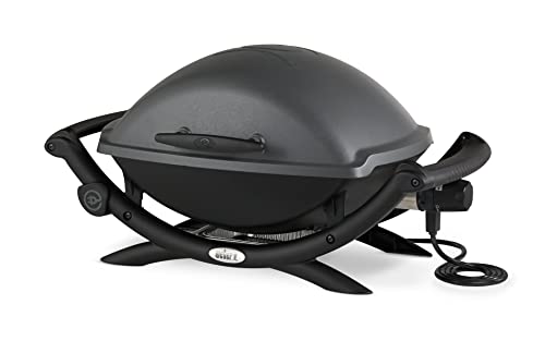 Weber Q2400 Elekrogrill mit Seitentischen, 54 x 39cm Grillfäche, portable, 2-geteilter porzellanemaillierter Guss-Grillrost, Aluminiumguss Deckel & Gehäuse - Dark Grey (55020079)