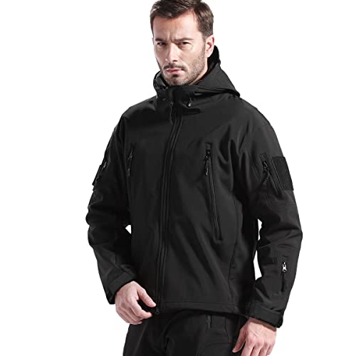FREE SOLDIER Herren Winterjacke Military Softshell Jacken Outdoor Fleecefutter Winddichte Wasserdichte Jacke mit Kapuze Warme Taktische Jacken mit Mehreren Taschen für Jagdausflüge (Schwarz,3XL)