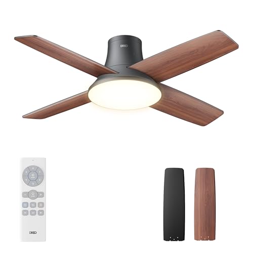 Dreo Deckenventilator mit Licht und Fernbedienung, 44 Zoll, flach in Schwarz, umkehrbar, 5 Klingen, 6 stufig dimmbar, 6 Geschwindigkeiten, leise, mit Timer, einfache Montage für Schlafzimmer