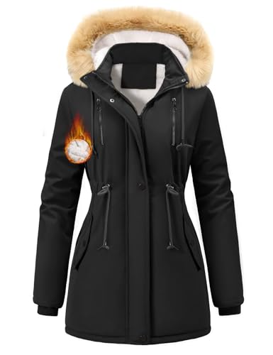Nadeer Parka Damen Lang Mantel Gefüttert Winterjacke Wintermantel mit Abnehmbar Kapuze und Taschen Warm Winterparka(Schwarz,XL)
