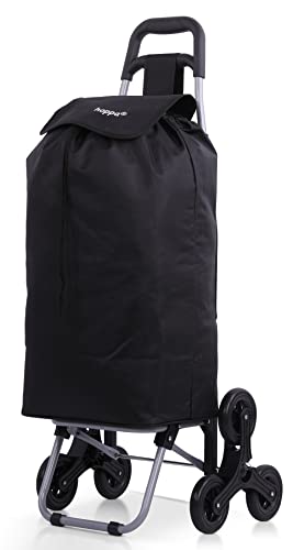 Hoppa Leichter Treppensteiger-Einkaufstrolley, 6 Räder, Modell 2024, zusammenklappbar, groß, 47 l Kapazität, zusammenklappbar, Einkaufswagentasche, 95 cm, 2 kg, Push/Pull mit 1 Jahr Garantie (schwarz)