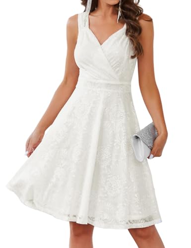 GRACE KARIN Retro Kleid Damen 50s Kleider Knielang v Ausschnitt Kleid Petticoat Kleid Weiß 46