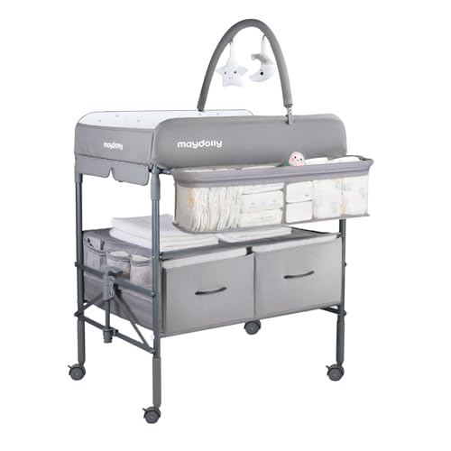 Maydolly Tragbarer Wickeltisch für Babys, Multifunktionaler Faltbarer Wickeltisch, Höhenverstellbar mit Rädern und 2 Aufbewahrungskörben, Wasserdichtes Sitzkissen zum Wickeln, Grau