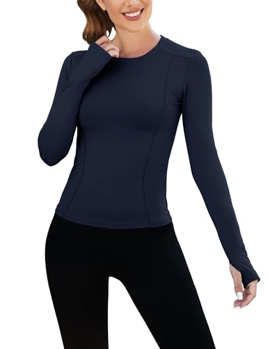 IECCP Damen Langarm Gym Sport Tops Workout Laufen T-Shirt Yoga Shirt Activewear Fitness Oberteile mit Daumenlöchern Fitness Yoga Tops Dark Blau S