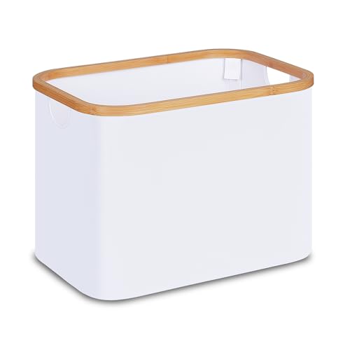 iEGrow Faltbarer Wäschekorb 50L, Faltbar Wäschekorb mit Bambusgriffen, Weiß Aufbewahrungskorb für Schlafzimmer Badezimmer, Waschküch