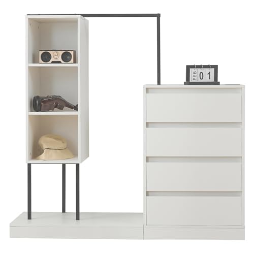 fullarrive Kleiderschrank mit 4 Schubladen und Kleiderstange Sideboard Aufbewahrungsschrank weiß 140x40x135 cm für Flur Schlafzimmer