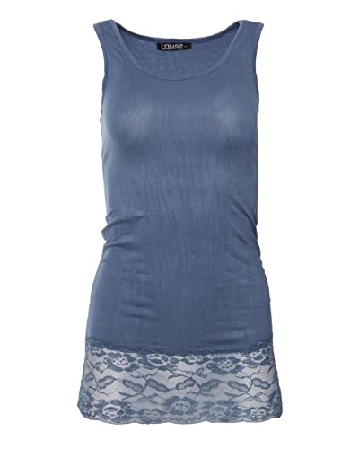 Easy Young Fashion - Damen Trägertop mit Spitzensaum - langes Unterziehshirt Skinny Fit 0518 (Jeansblau M/L)