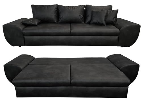 Vintage Big Sofa mit Schlaffunktion und Bettkasten, B275/T98/H90 cm, XXL Trend Couch 275 cm breit, Wellenunterfederung, Liegefläche 148x194 cm, Mikrofaserstoff in Leder-Optik in Schwarz / 18010