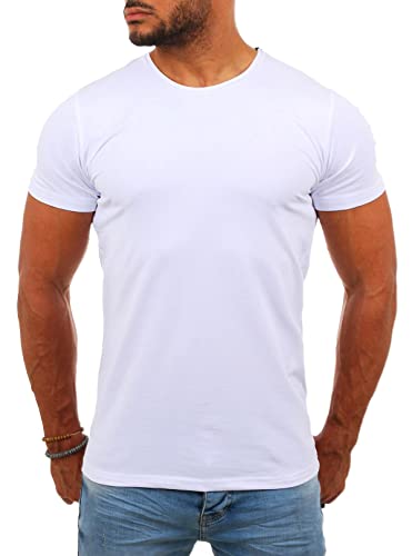Young & Rich Herren Uni Basic T-Shirt mit Rundhals Ausschnitt einfarbig Stretch körperbetonte Dehnbare Passform 1701, Grösse:L, Farbe:Weiß