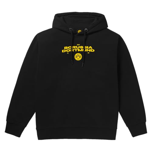 Borussia Dortmund Unisex BVB Hoodie, Exklusiv, Schriftzug Und Emblem, Kapuzenpullover, Schwarz, L EU