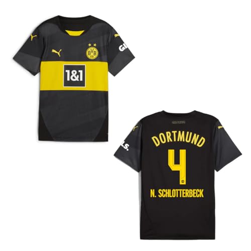 PUMA Original Away BVB Trikot - Offizielles Kinder Auswärtstrikot Borussia Dortmund 24/25 - N. Schlotterbeck 4 - Gr. 152 - Fussball Geschenke Jungen