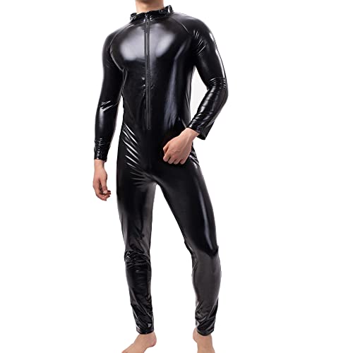QiaTi Herren-Latex-Bodysuit Herren-Ganzkörper-Trikot mit langen Ärmeln Ganzanzug Kunstleder-Bodysuit