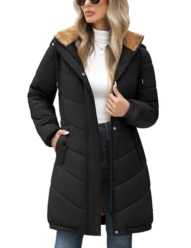 RITOSTA Winterjacke Damen Lang Fleece Gefüttert Steppmantel mit Kapuze Warm Parka Damen-Jacken Puffer Mantel Herbst Winter Hooded Jacket Kapuzenjacke Wintermantel mit Taschen(Schwarz,XL)